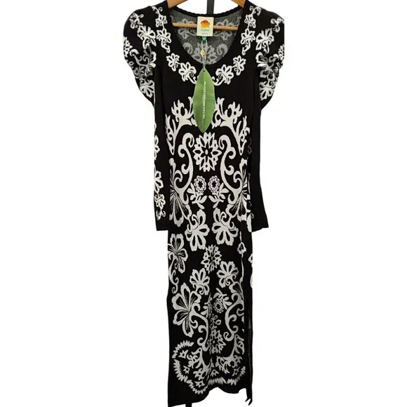 Farm Rio Cashew Mandala Knit Long Puff Sleeve Midi Dress in Black Size XXS New - Picture 6 of 6